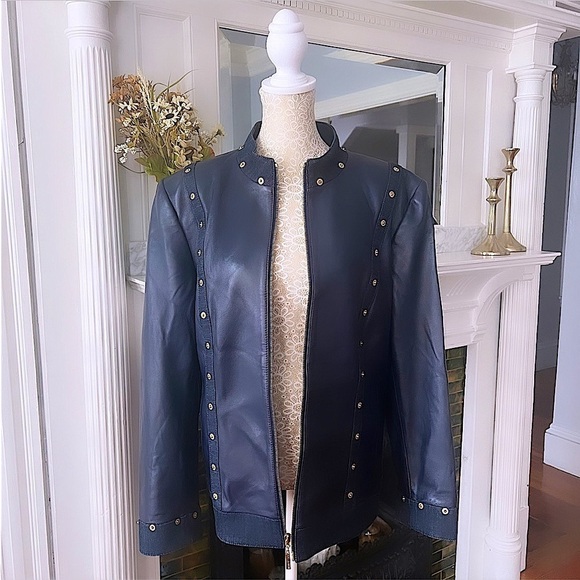 ST JOHN SPORT Navy Blue Lambs Leather & Denim Trim Zip Up Leather Jacket Size L - Picture 3 of 14